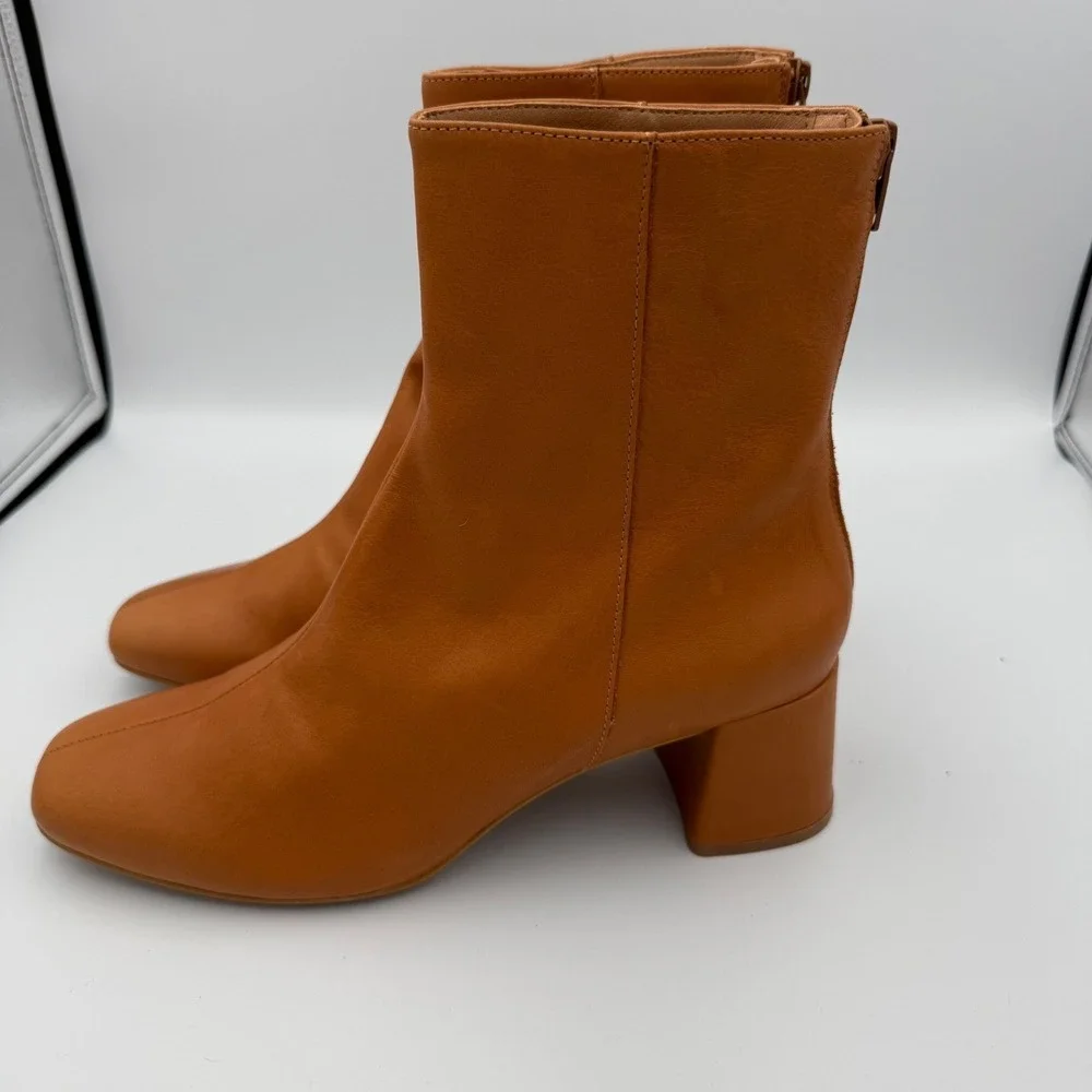Anthropologie Harlow Tan Leather Ankle Boots Block Heel Zip Back Women EU 41